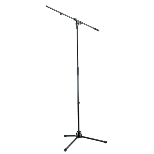 210/2 microphone stand full front view with extended boom arm, telescoping black upright and folding tripod base with rubber feet, K&M