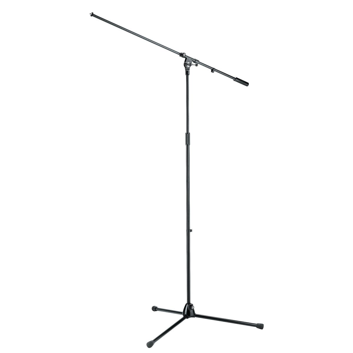 21021 overhead tripod mic stand full front view in black with extended boom arm, counterweight grip and folding tripod legs with rubber feet, K&M