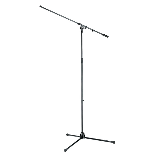 21021 overhead tripod mic stand full front view in black with extended boom arm, counterweight grip and folding tripod legs with rubber feet, K&M