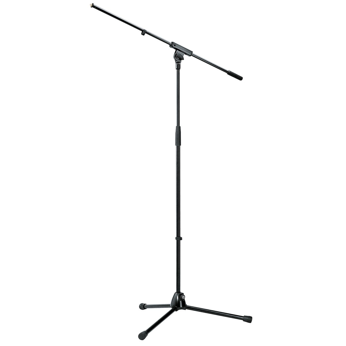 210/6 tripod microphone boom stand full front view with black telescoping boom arm and folding tripod legs with rubber feet extended, K&M