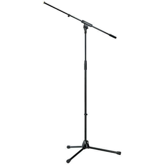 210/6 tripod microphone boom stand full front view with black telescoping boom arm and folding tripod legs with rubber feet extended, K&M