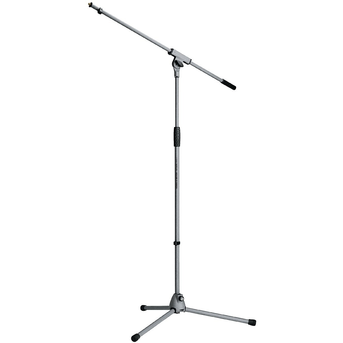 210/6 tripod boom microphone stand full front view in gray with folding legs, rubber-tipped feet and black counterweight end on the boom arm, K&M