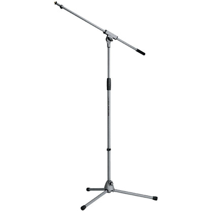 210/6 tripod boom microphone stand full front view in gray with folding legs, rubber-tipped feet and black counterweight end on the boom arm, K&M