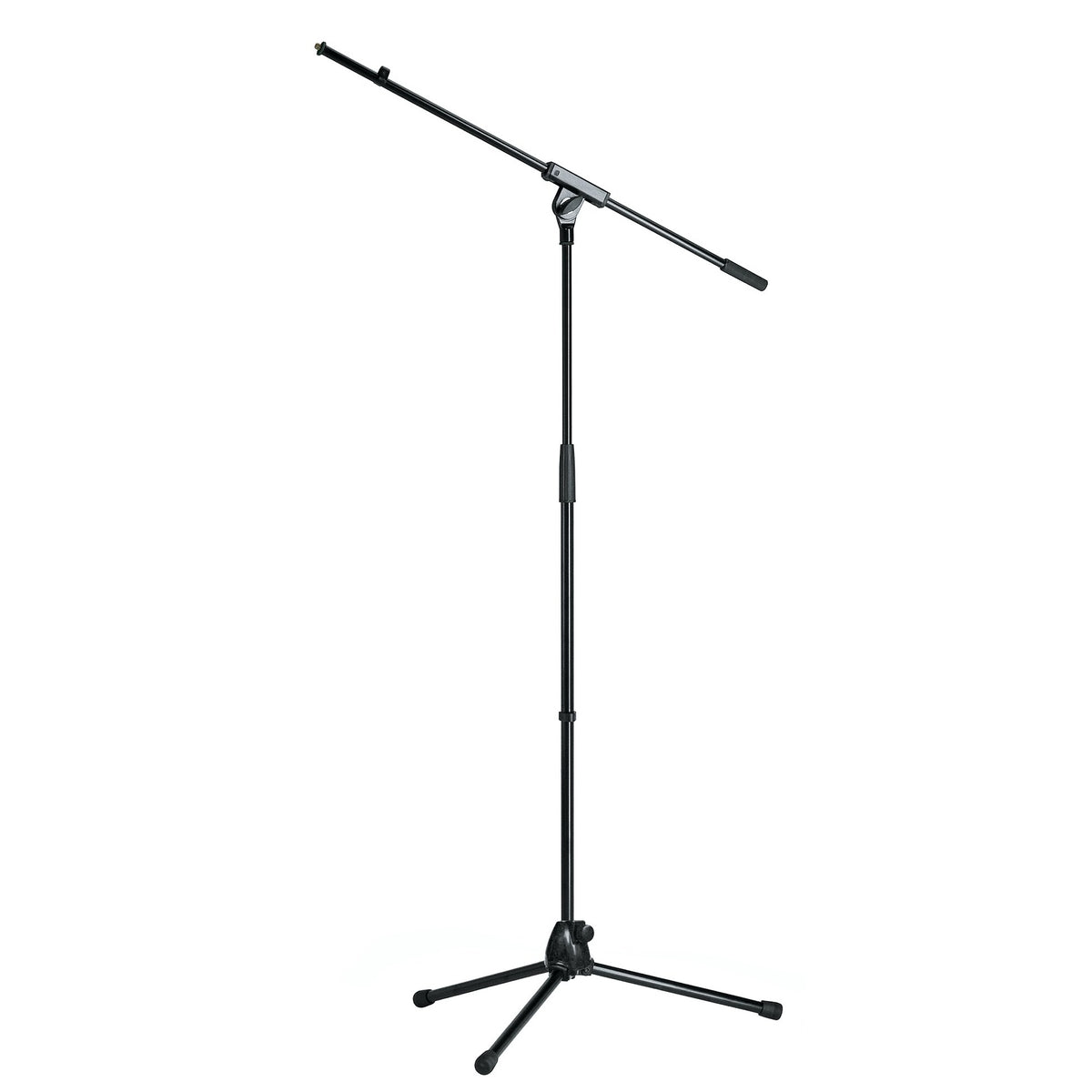 21070 tripod boom mic stand full front view with angled boom arm, telescoping center column and folding tripod base with rubber-tipped legs, K&M