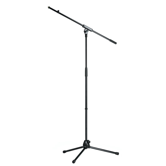 21070 tripod boom mic stand full front view with angled boom arm, telescoping center column and folding tripod base with rubber-tipped legs, K&M