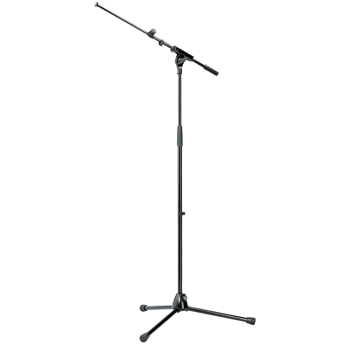 21080 tripod boom microphone stand full front view with telescopic boom arm extended and folding tripod legs with rubber feet, K&M
