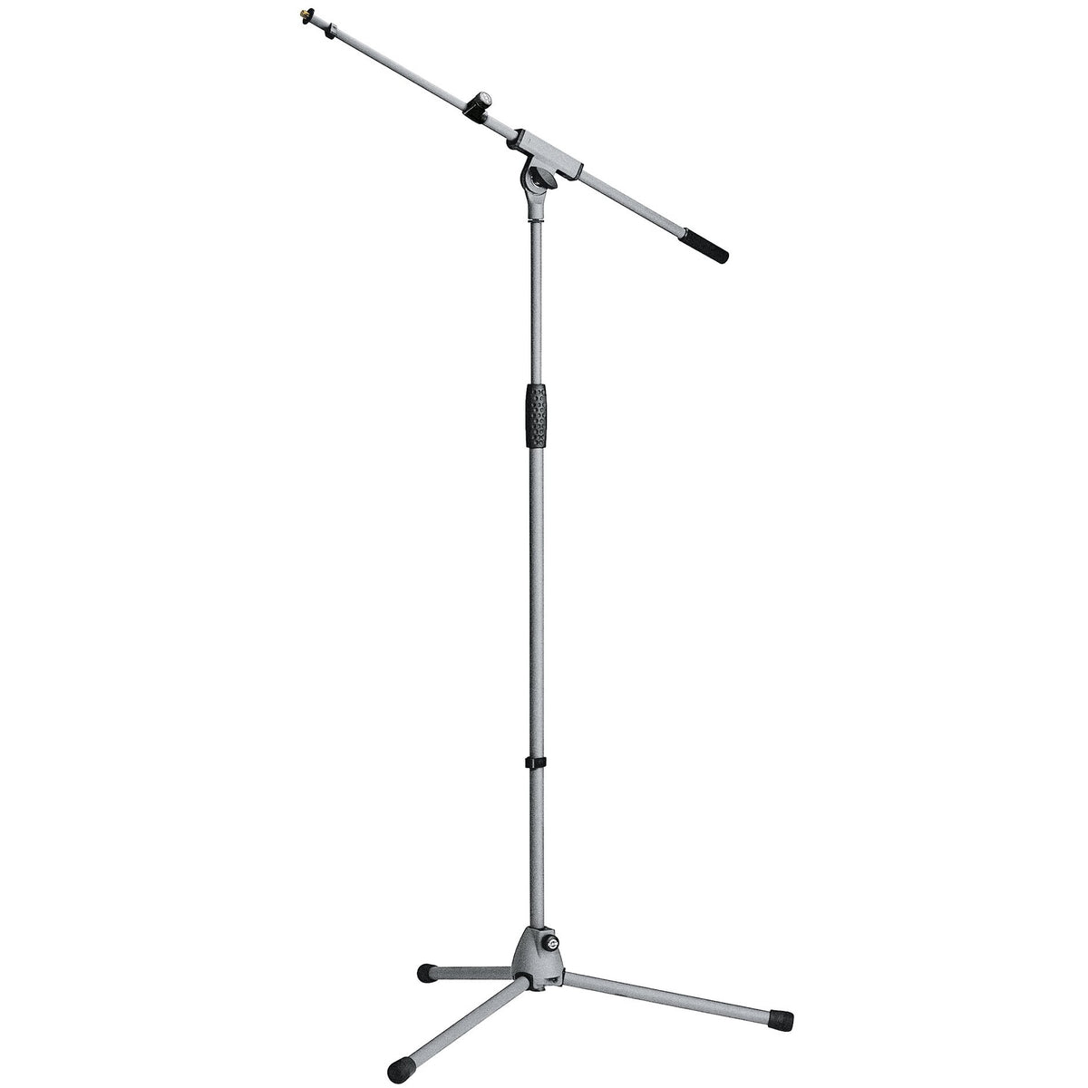 21080 tripod microphone stand full view in gray with telescopic boom arm extended and folding tripod legs with rubber feet, K&M