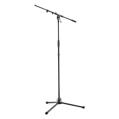 210/9 compact boom microphone stand full front view with black tripod base, telescoping upright and adjustable boom arm extended, K&M