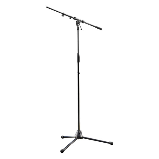 210/9 compact boom microphone stand full front view with black tripod base, telescoping upright and adjustable boom arm extended, K&M
