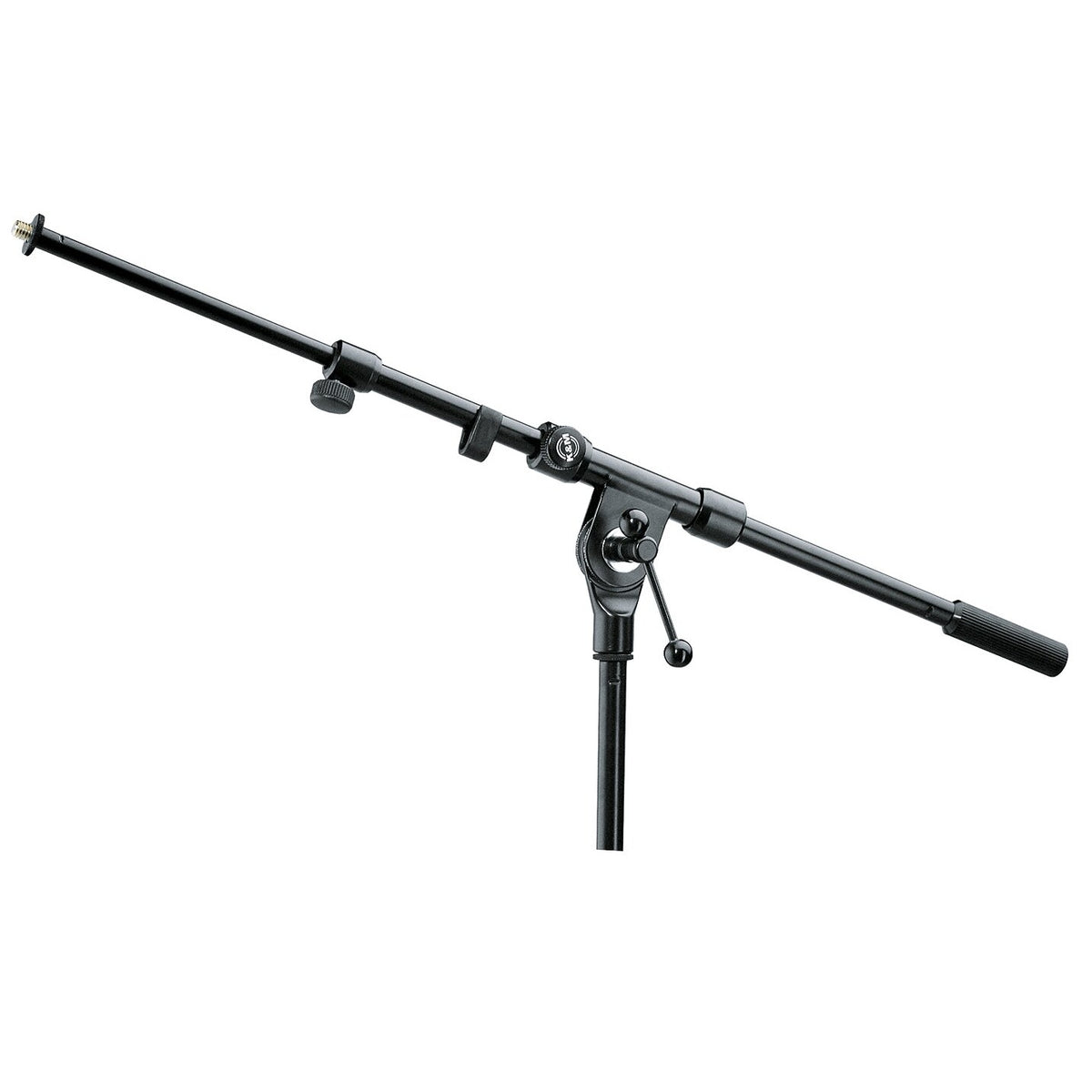 21110 two-piece telescopic boom arm angled side view with black finish, threaded mic stud at tip, clamp knobs and grip handle on rear end mounted on stand tube, K&M