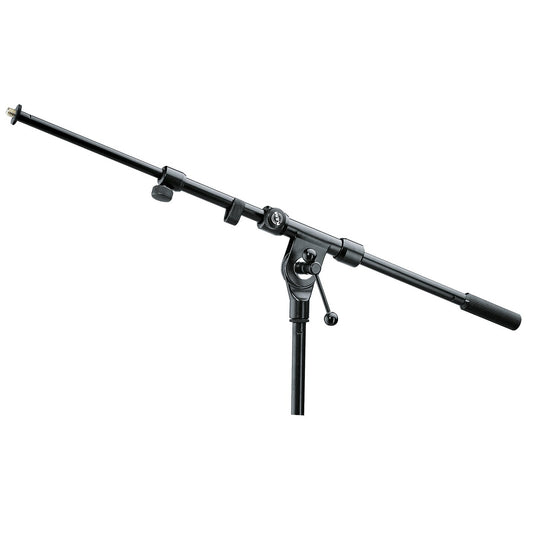 21110 two-piece telescopic boom arm angled side view with black finish, threaded mic stud at tip, clamp knobs and grip handle on rear end mounted on stand tube, K&M