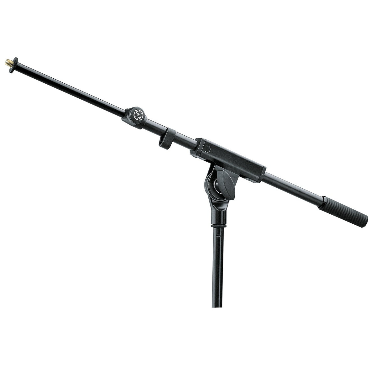 21140 two-piece telescopic boom arm angled side view with K&M-branded clamp knob, threaded mic mount tip and ribbed counterweight grip on a stand post, K&M