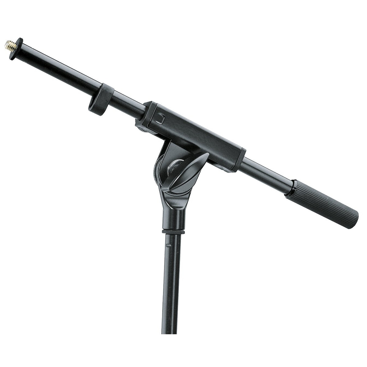 21160 short boom arm angled side view mounted on a tripod stand pole, showing threaded mic tip, cable clip, pivot clamp with locking wing knob and ribbed counterweight grip, K&M