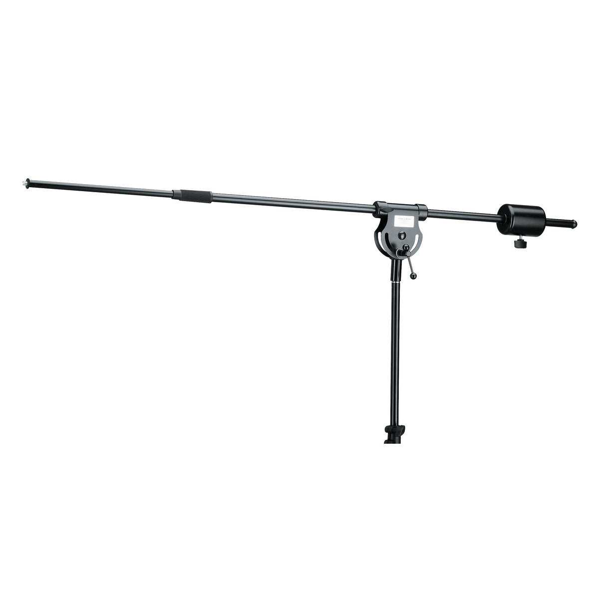 21231 telescopic boom arm full side view showing extended arm with grip section, pivot clamp with lever and counterweight on a stand tube, K&M