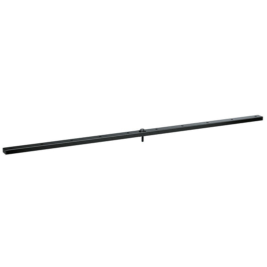 213/9 steel crossbar for light stands, full-length side view in black with evenly spaced mounting holes and a central threaded bolt for stand attachment, K&M