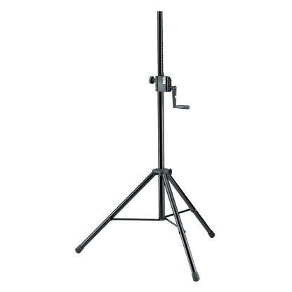 21302 steel tripod speaker stand full front view with legs spread, hand crank mounted on the upper column and rubber-capped feet, K&M