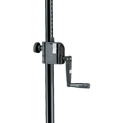 21302 speaker stand crank mechanism close-up showing black hand crank, release lever and clamp knob on the telescoping column, K&M