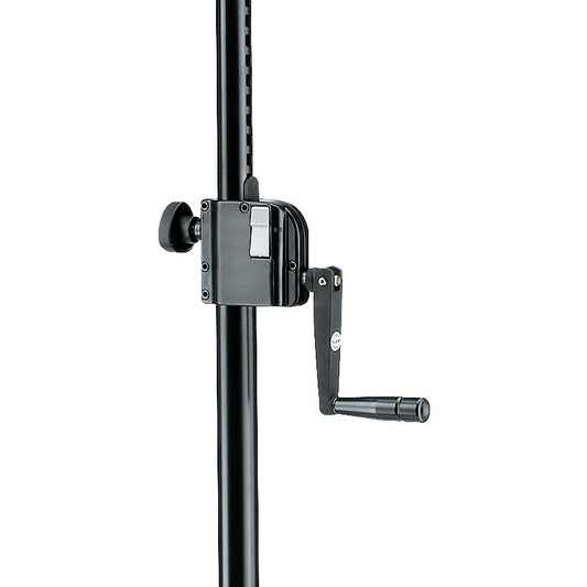 21302 speaker stand crank mechanism close-up showing black hand crank, release lever and clamp knob on the telescoping column, K&M