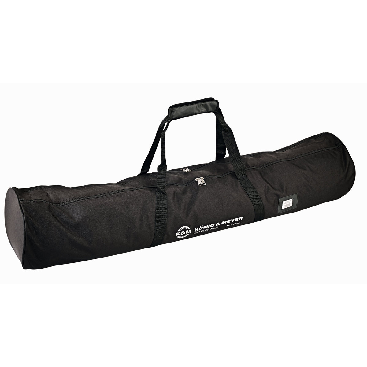21311 dual speaker stand carrying case, front three-quarter view showing black nylon body with padded carry handle, zipper closure and König & Meyer logo, K&M