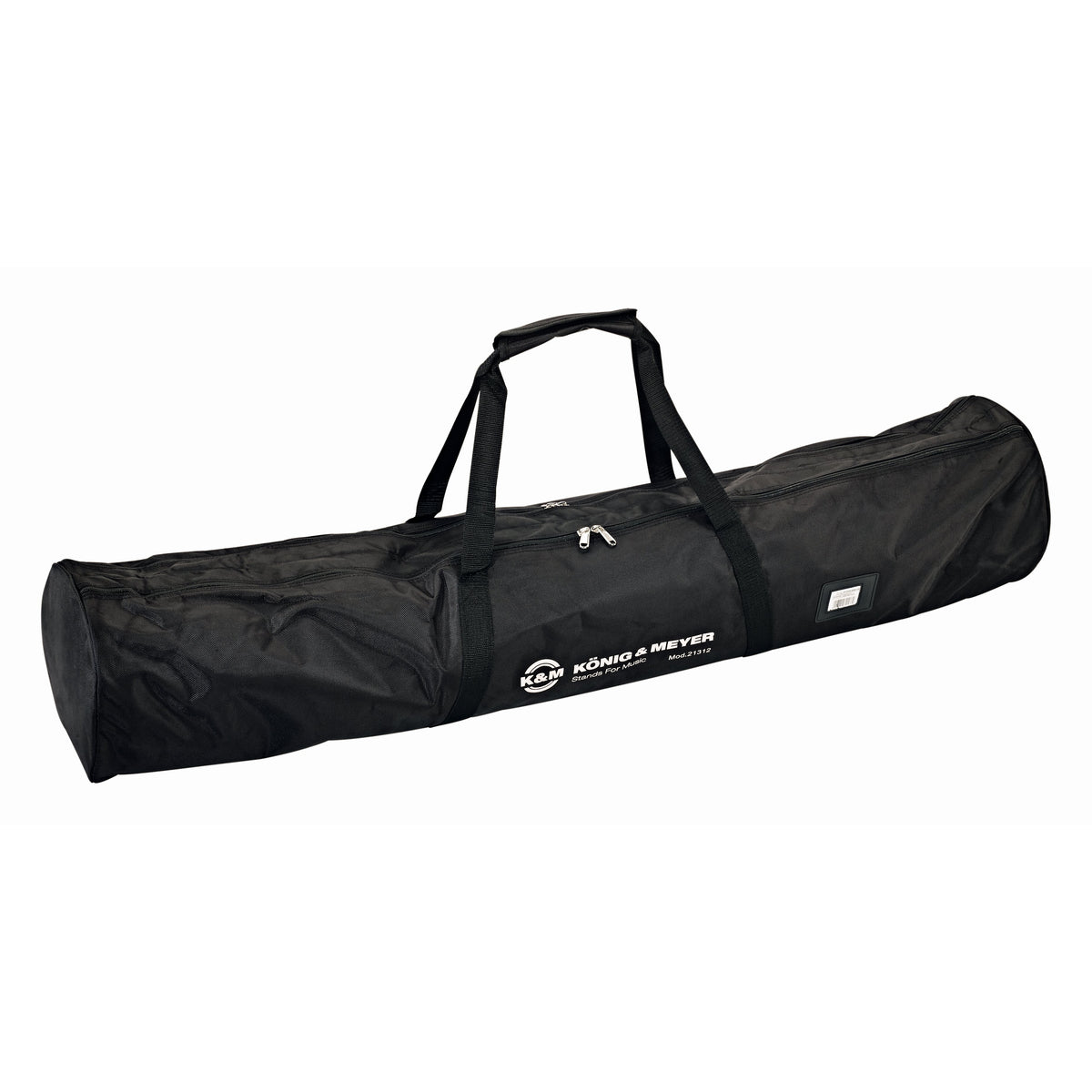 21312 Pro carrying case for speaker and light stands, front three-quarter view of black nylon bag with twin carry straps, centre zipper and König & Meyer logo, K&M