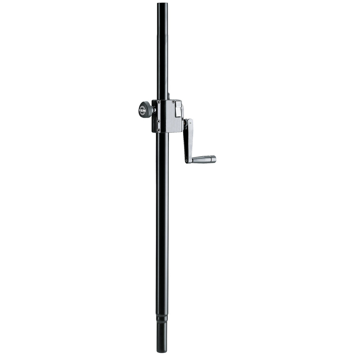 21338 speaker stand distance rod full-length front view with hand crank winch and clamp knob mounted on black steel tube, K&M
