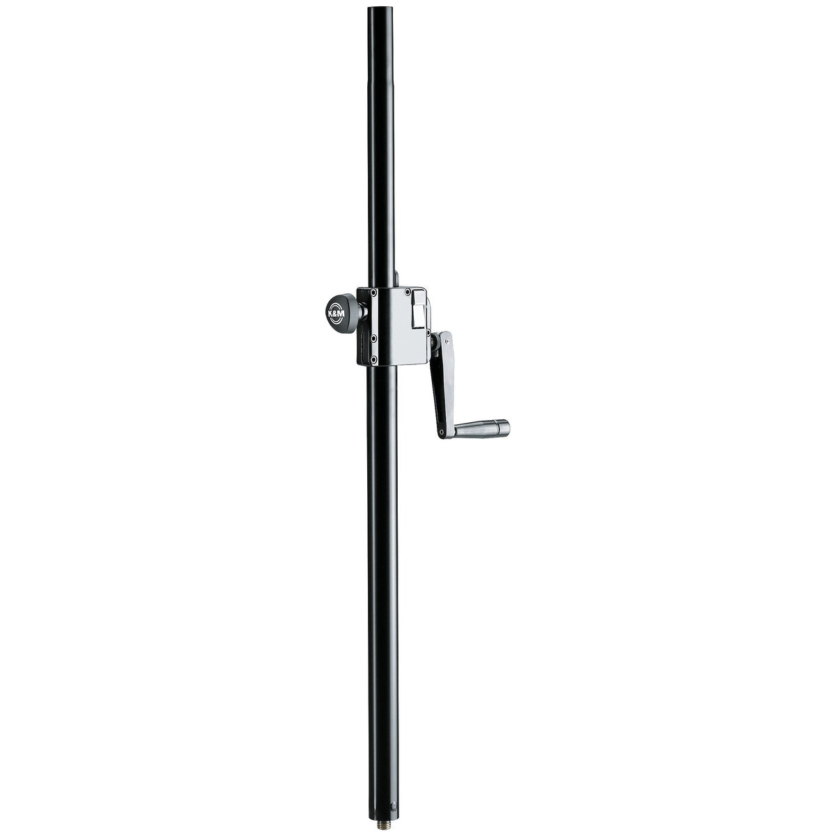 21339 distance rod full length front view with hand crank and clamp knob mounted on black tube, K&M