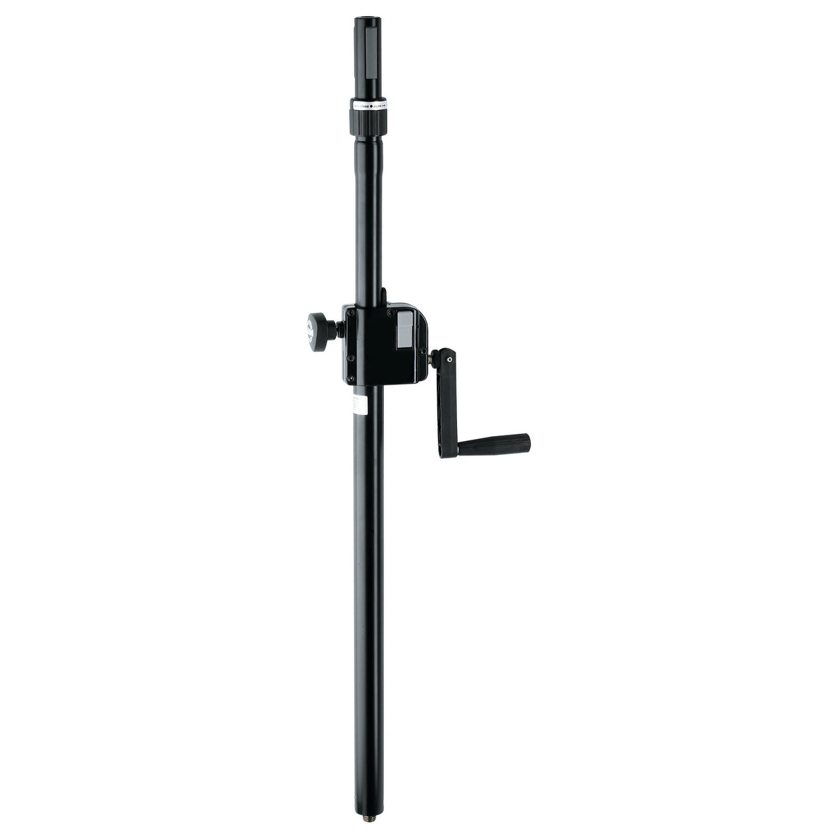 21340 distance rod full-length front view with hand crank, ring lock collar at top and clamp knob on the gearbox, K&M