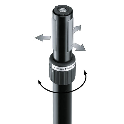 21360 distance rod ring lock detail with close/open collar, rotation arrows and expanding grey clamp pads on the end fitting, K&M