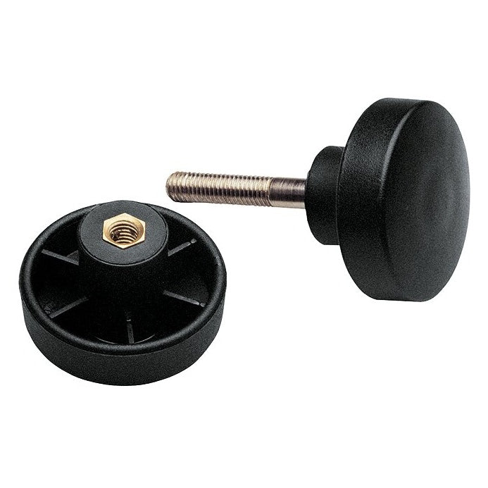 21394 screw fitting set for speaker stand crossbars, product shot of two black knobs, one with a threaded steel bolt and one showing a brass threaded insert and ribbed underside, K&M