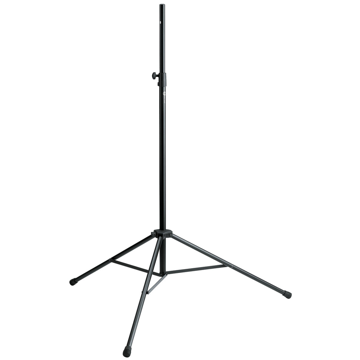 21420 tripod speaker stand full front view fully extended with black aluminum column, clamp knob and braced tripod legs with rubber feet, K&M