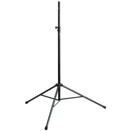 21420 tripod speaker stand full front view fully extended with black aluminum column, clamp knob and braced tripod legs with rubber feet, K&M