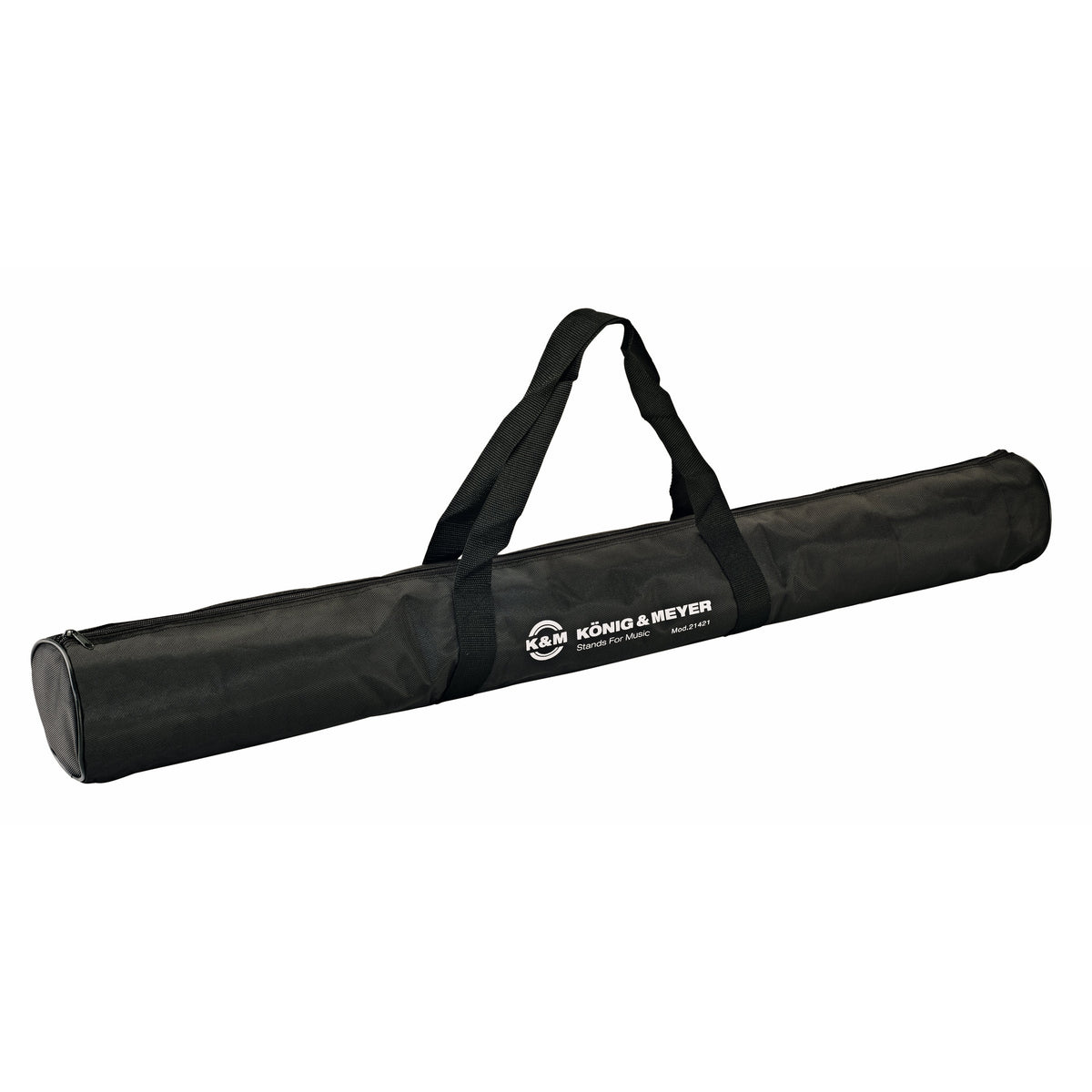 21421 waterproof nylon carrying case for two mic stands, angled side view showing black tubular bag with top zipper, looped carry strap and white König & Meyer logo, K&M
