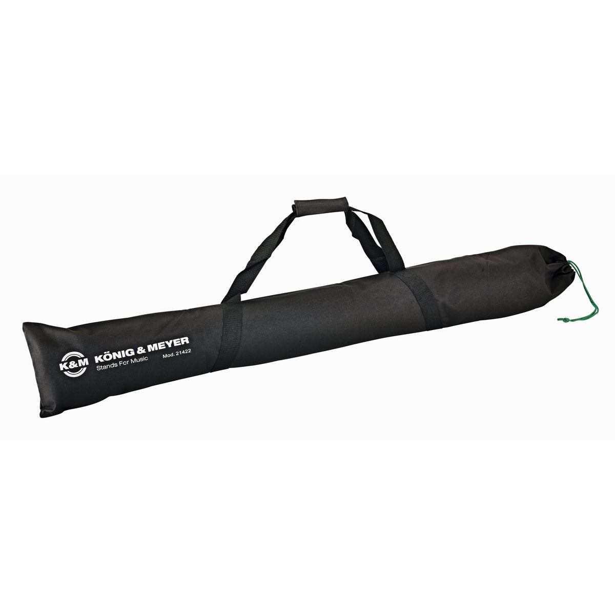 21422 carrying case for two speaker monitor stands, full side view showing black nylon bag with padded carry handle straps, green drawstring closure and white König & Meyer logo print, K&M