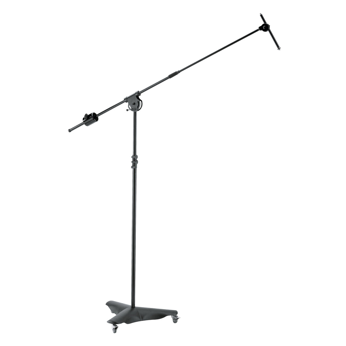 21430 overhead mic stand full front view with boom arm extended at an angle, counterweight on the rear end and cast base on casters, K&M