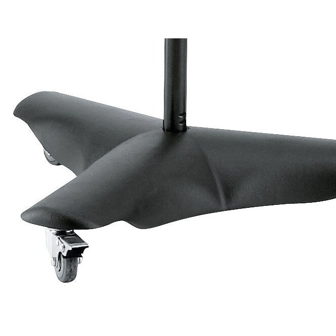 21430 overhead mic stand cast base detail showing three-leg black base with locking caster wheel, K&M