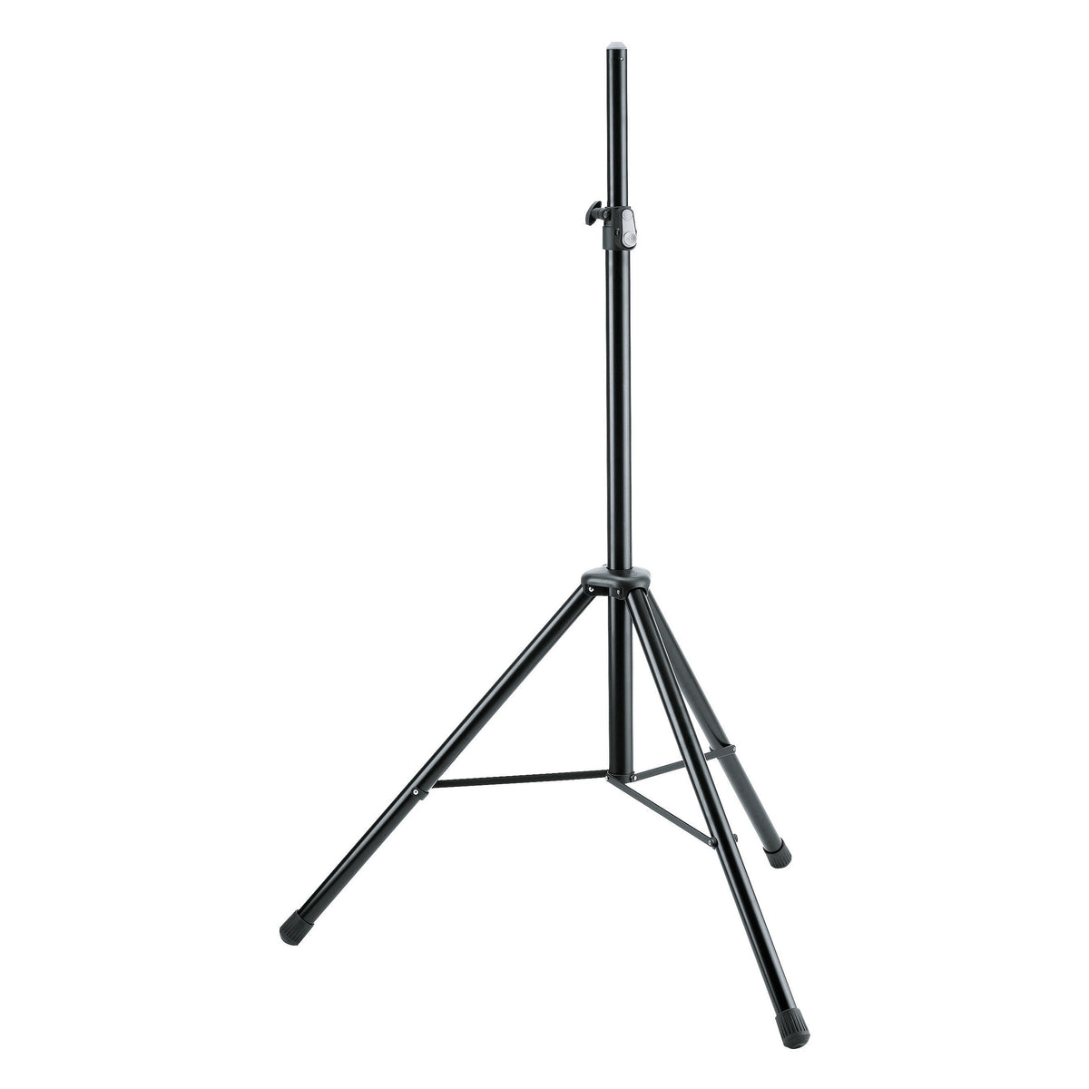 21435 steel tripod speaker stand full front view with extended top pole, height clamp and spreader braces on black legs, K&M