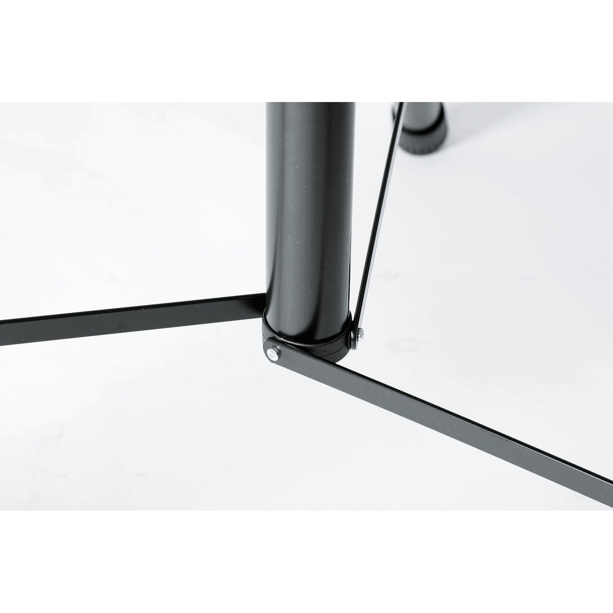 21435 speaker stand lower collar close-up with riveted flat steel spreader braces attached to the centre tube, K&M