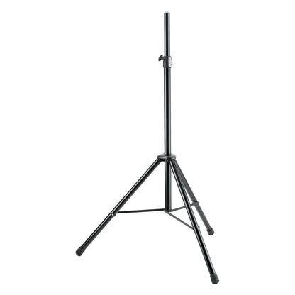 21436 aluminum tripod speaker stand full front view with black legs, extended upper tube and clamp collar, K&M
