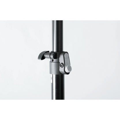 21436 speaker stand height adjustment clamp detail showing grey locking lever and black tightening knob on the tube, K&M