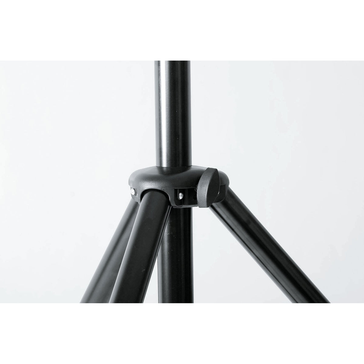 21436 speaker stand tripod head detail showing black leg hub with riveted joints and locking knob, K&M