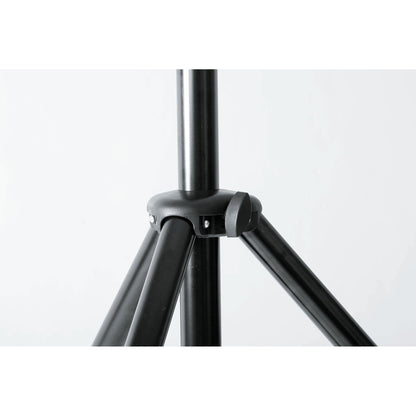 21436 speaker stand tripod head detail showing black leg hub with riveted joints and locking knob, K&M