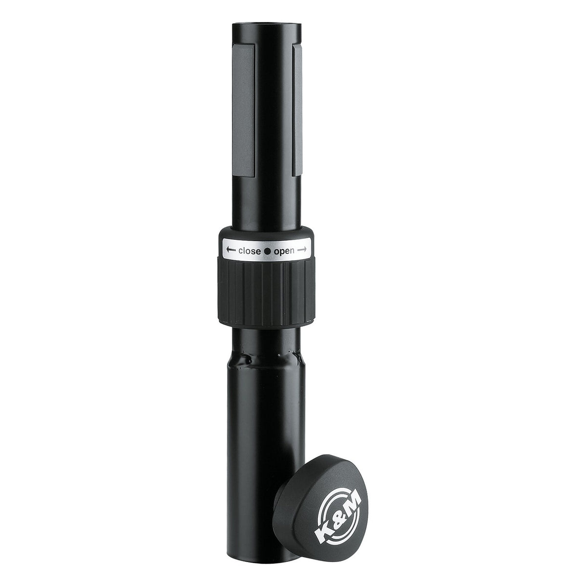 21441 ring lock adapter sleeve full front view with close/open locking ring, grey grip pads and K&M logo clamp knob, K&M