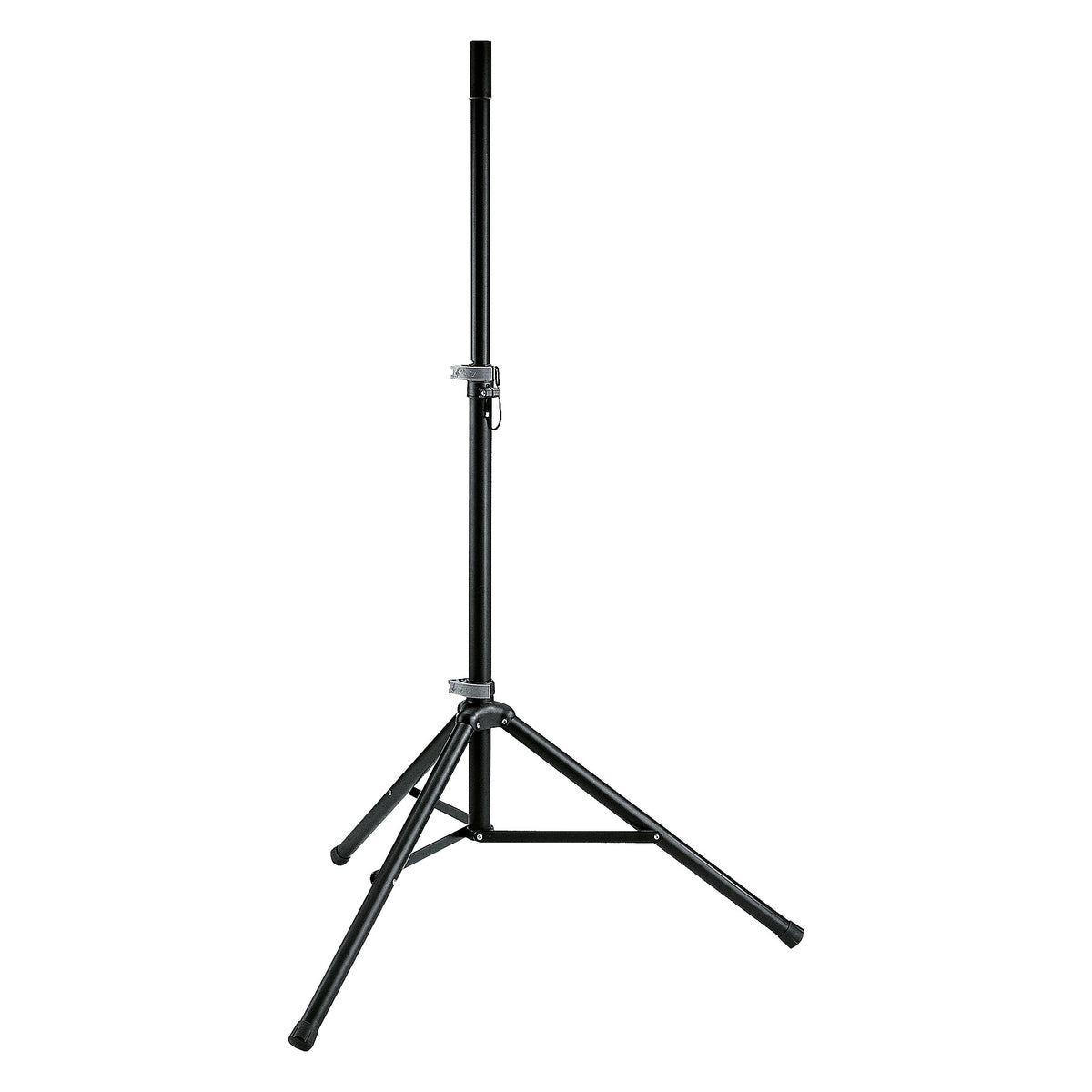 21450 aluminum tripod speaker stand full front view with two grey clamp collars on the telescoping black pole and rubber-tipped legs braced by a cross strut, K&M