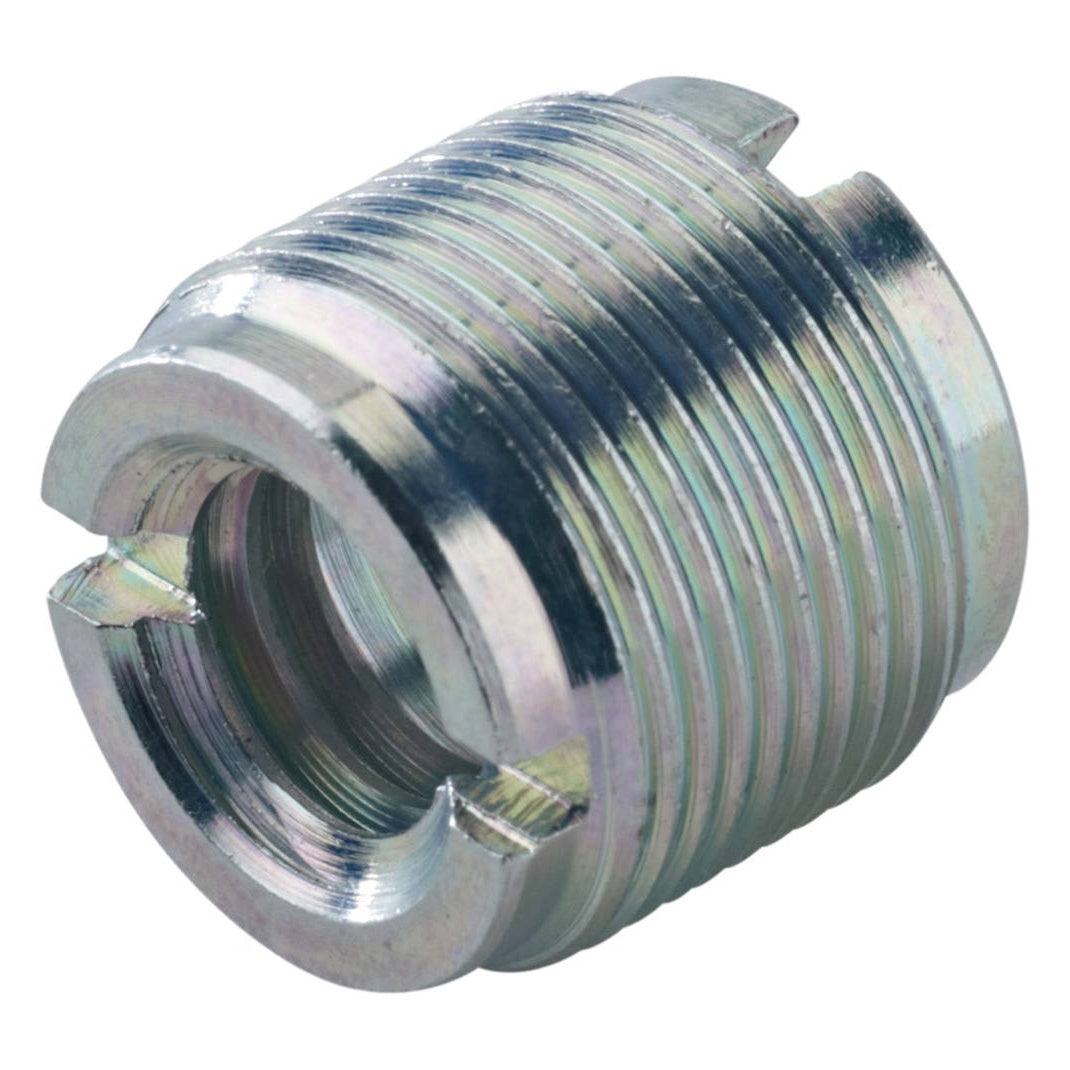 KM 21500.000.29 zinc-plated mic stand thread adapter, angled product view showing slotted internal 3/8" thread and external 5/8" male threading, K&M