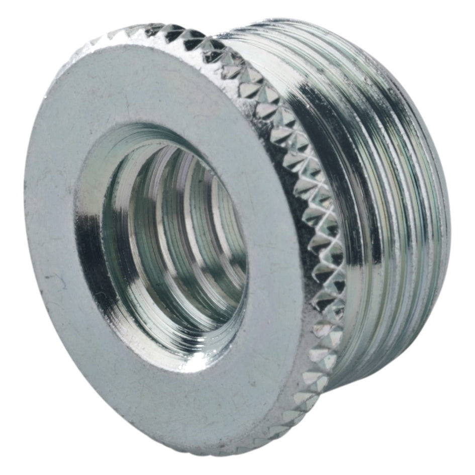 KM 21700.000.29 microphone stand thread adapter, angled view showing knurled flange with female and male threaded ends in zinc finish, K&M