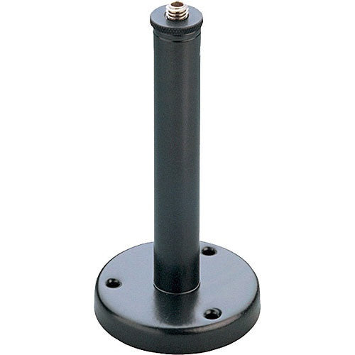 221 A microphone flange mount side view showing round base with three screw holes and brass 5/8-inch threaded top, K&M