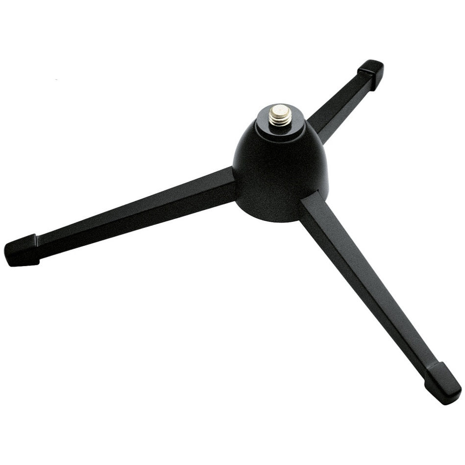 KM 23105.500.55 table microphone tripod base angled view showing three black rubber-tipped legs and brass 3/8-inch threaded stud, K&M