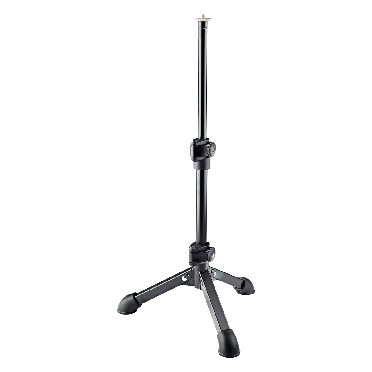 23150 tabletop tripod microphone stand full view with telescopic tube extended and 1/4" thread at top, K&M