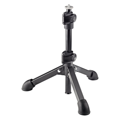 23150 tabletop tripod microphone stand collapsed to minimum height showing clamp knobs and 1/4" threaded stud, K&M