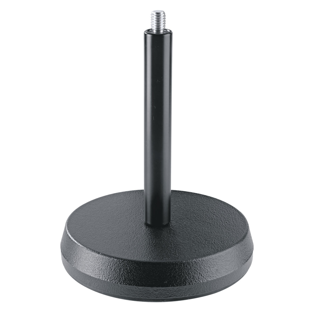 232 table microphone stand front view showing round textured cast-iron base and black tube with exposed threaded mic mount stud, K&M